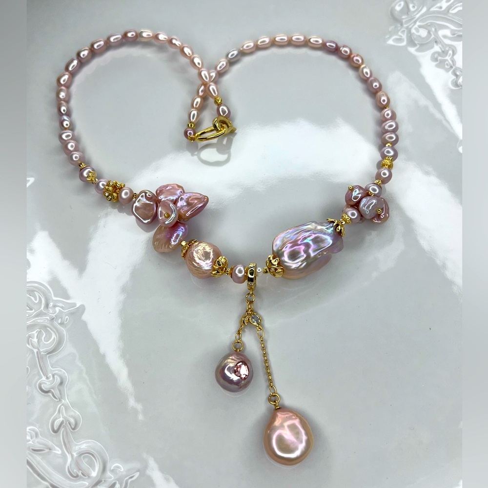 New Elegant Pink Pearl Carved Detachable Pendant Necklace